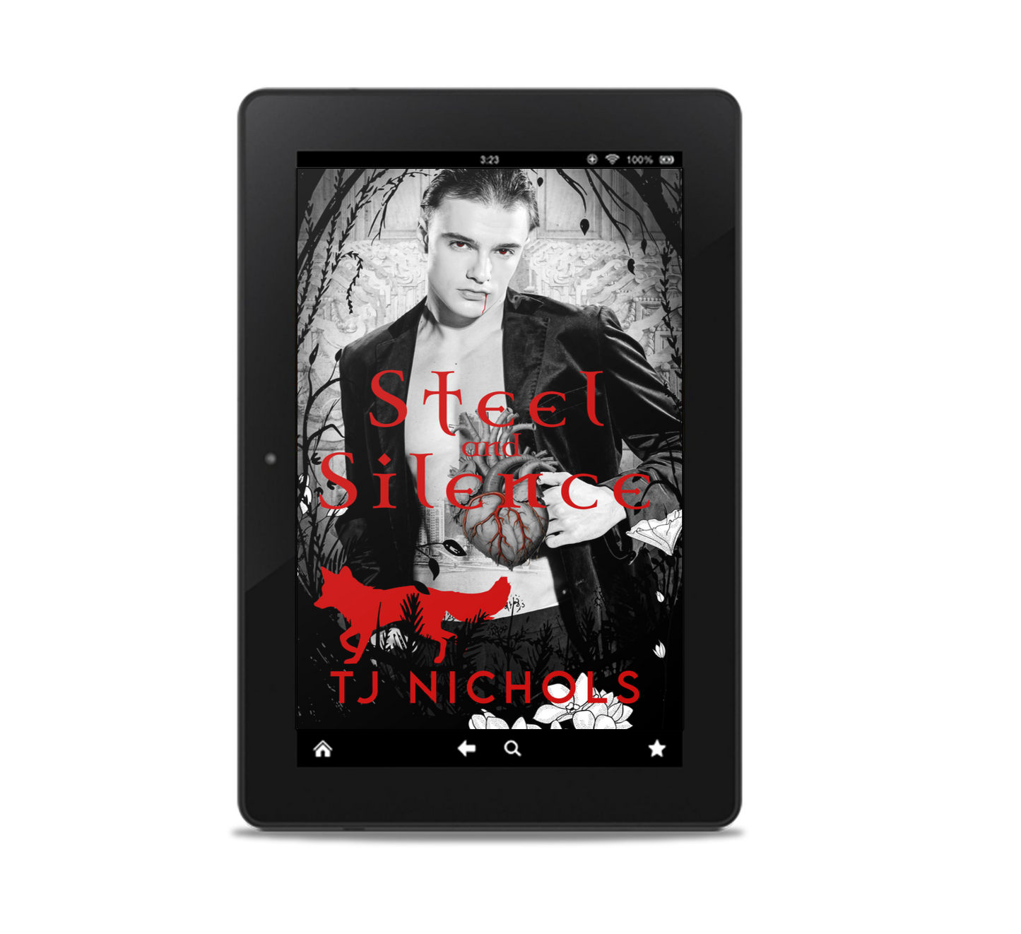 steel and silence ebook cover. black and white an red with a vampires and a fox on the cover.