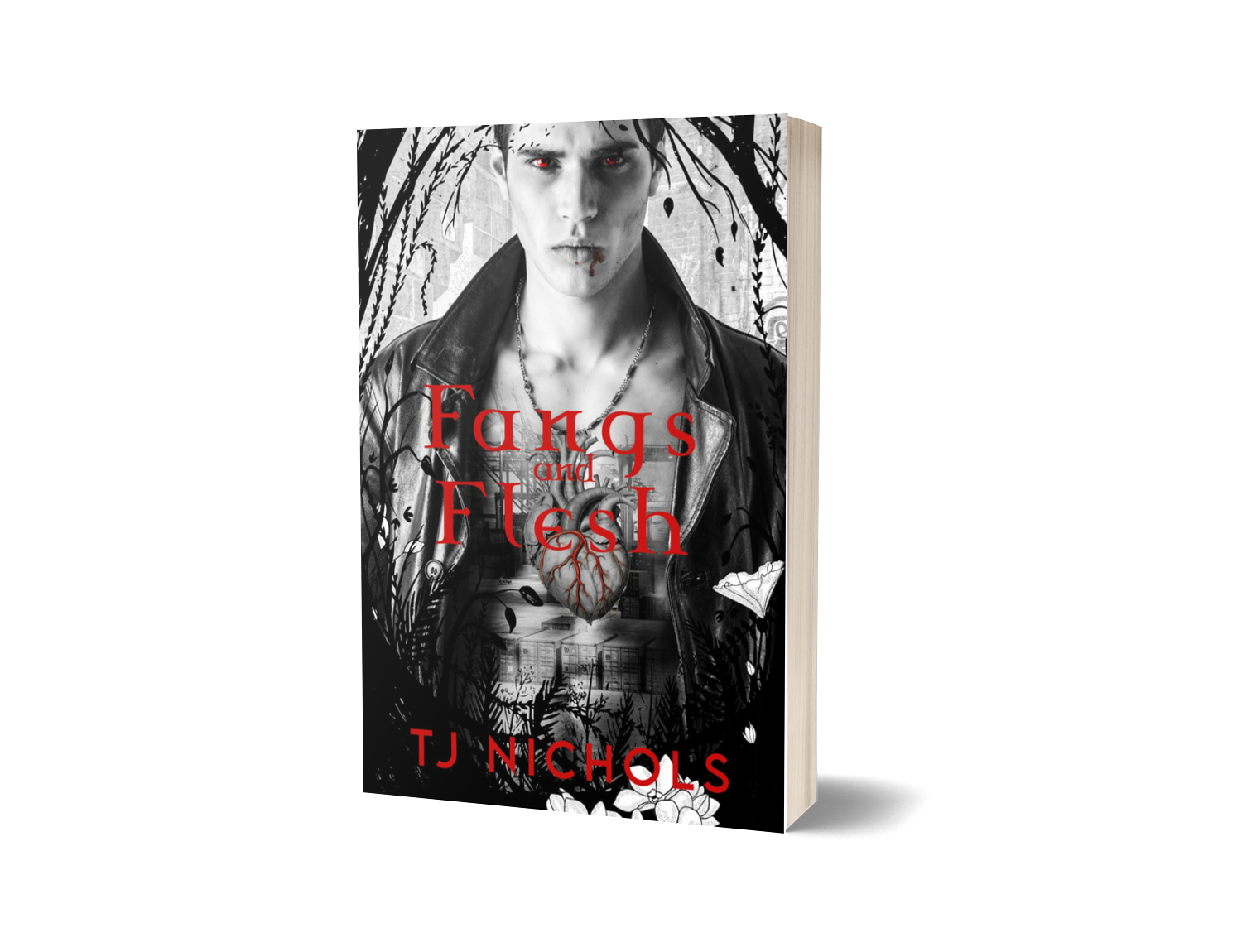 Book cover of 'Fangs of the Flesh' by TJ Nichols with a black and white image of a person on the cover. mm vampire mafia romance novel