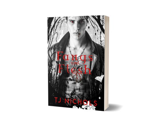 Book cover of 'Fangs of the Flesh' by TJ Nichols with a black and white image of a person on the cover. mm vampire mafia romance novel